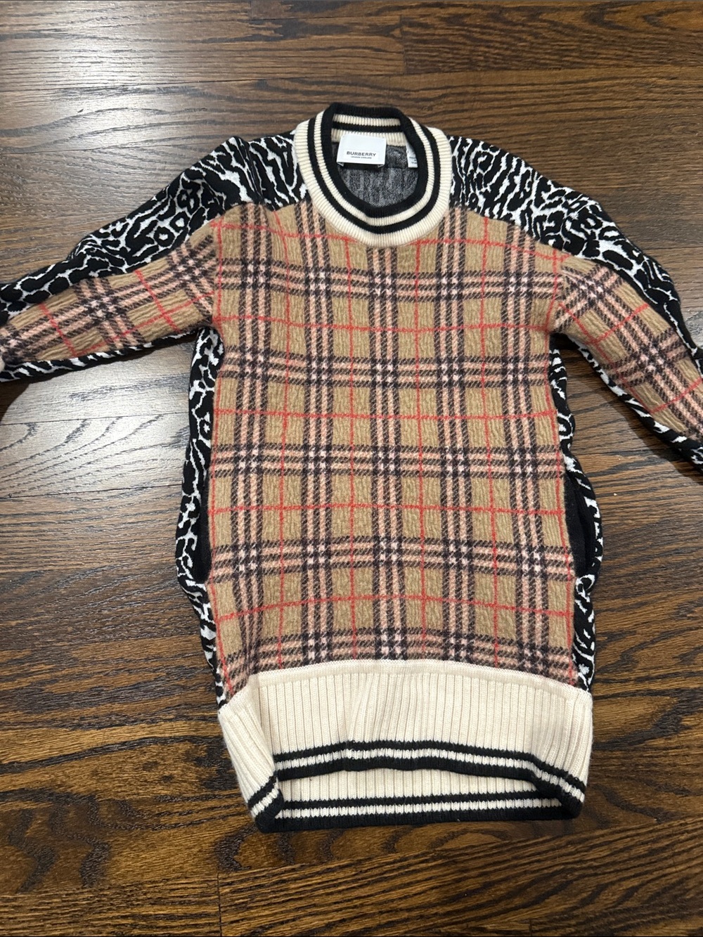Burberry Tan Plaid Knit Sweater with Black & Red Accents
